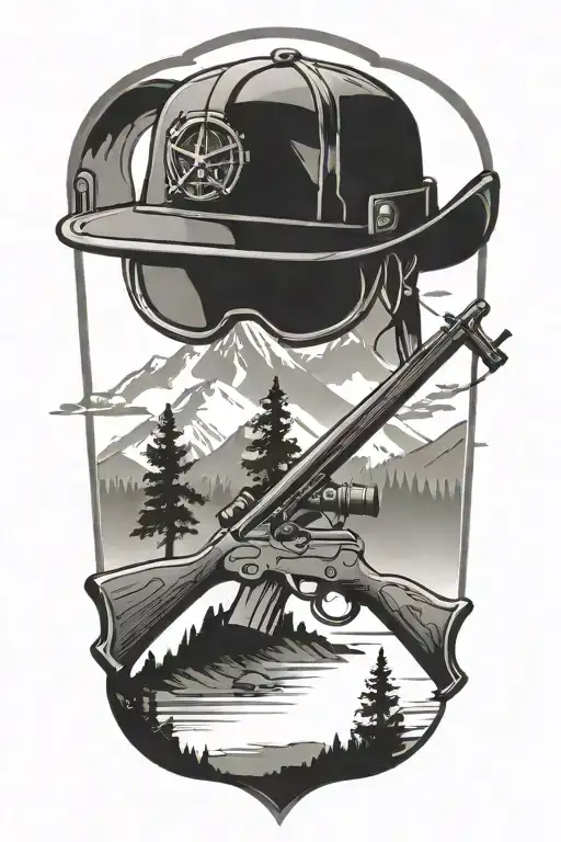 A black-grey tattoo of a hunting rifle and fishing rod crossed over a mountain landscape, with a welding mask hanging off one of the weapons tattoo design idea