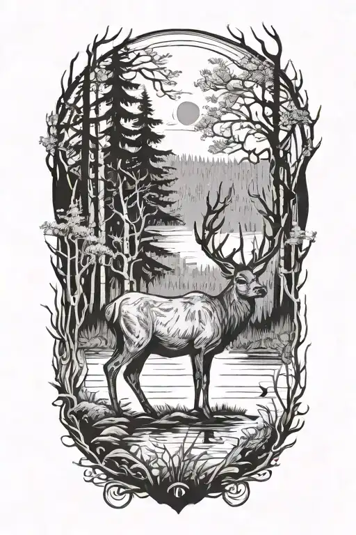 A detailed blackwork tattoo of a majestic deer standing in a forest, with fishing hooks and a welding torch integrated into the design tattoo design idea