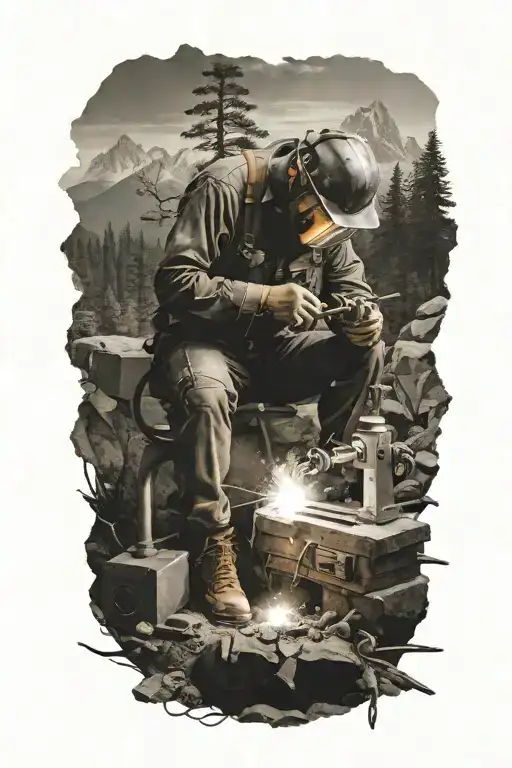 An outdoor scene with a welder at work in a mountain landscape, incorporating elements of welding equipment and nature tattoo design idea