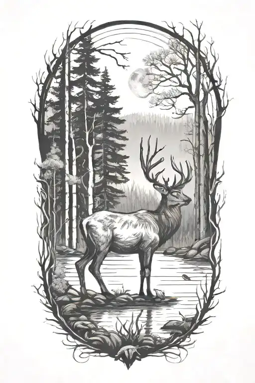 A detailed blackwork tattoo of a majestic deer standing in a forest, with fishing hooks and a welding torch integrated into the design tattoo design idea