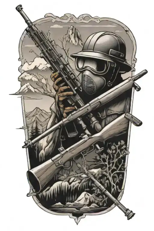 A black-grey tattoo of a hunting rifle and fishing rod crossed over a mountain landscape, with a welding mask hanging off one of the weapons tattoo design idea