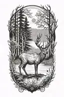 A detailed blackwork tattoo of a majestic deer standing in a forest, with fishing hooks and a welding torch integrated into the design tattoo design idea