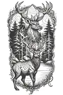 A detailed blackwork tattoo of a majestic deer standing in a forest, with fishing hooks and a welding torch integrated into the design tattoo design idea