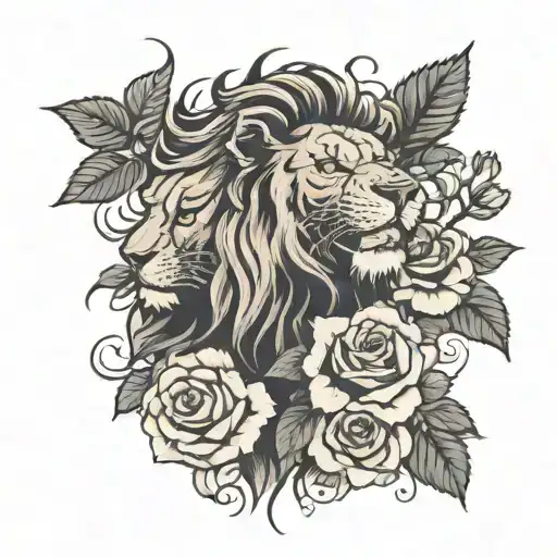 lion and roses mayflowers hibiscus tattoo design idea