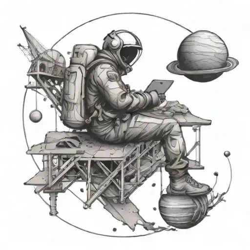 A cosmic scene with a builder constructing a bridge between planets tattoo design idea