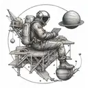A cosmic scene with a builder constructing a bridge between planets tattoo design idea