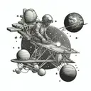 A cosmic scene with a builder constructing a bridge between planets tattoo design idea