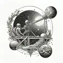 A cosmic scene with a builder constructing a bridge between planets tattoo design idea