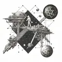 A cosmic scene with a builder constructing a bridge between planets tattoo design idea