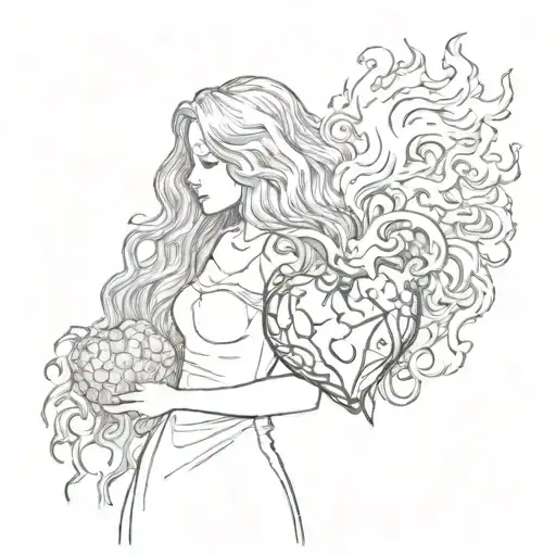 a girl standing backwards with wavy hair holds in her hands a human heart that is burning tattoo design idea