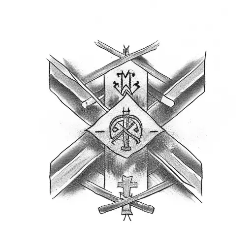 create a tattoo image using the cross, fire, a bow and arrow, the hands of God, and a man standing on a rotten plank tattoo design idea