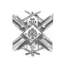 create a tattoo image using the cross, fire, a bow and arrow, the hands of God, and a man standing on a rotten plank tattoo design idea