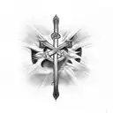 create a tattoo image using the cross, fire, a bow and arrow, the hands of God, and a man standing on a rotten plank tattoo design idea