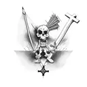 create a tattoo image using the cross, fire, a bow and arrow, the hands of God, and a man standing on a rotten plank tattoo design idea