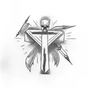 create a tattoo image using the cross, fire, a bow and arrow, the hands of God, and a man standing on a rotten plank tattoo design idea