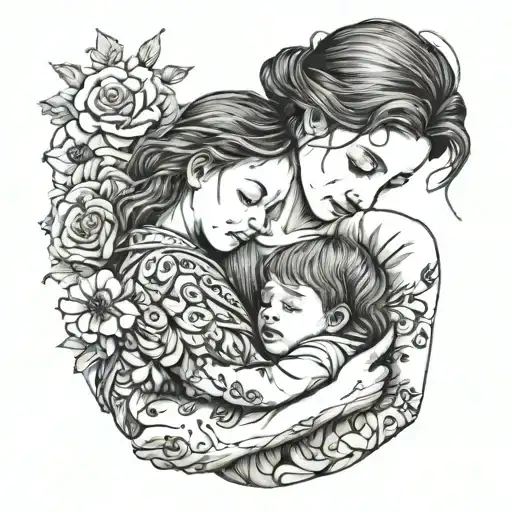 A mother embracing her children in a heartwarming moment tattoo design idea