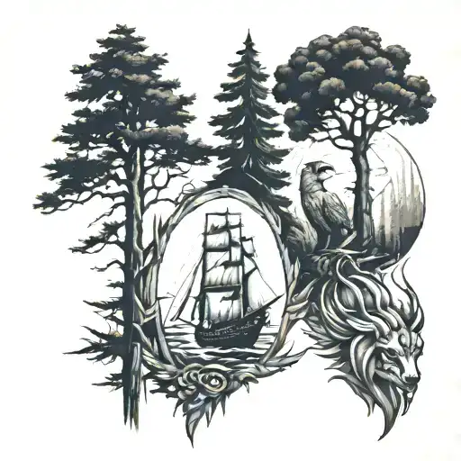 3 TALL TREES, SPARTAN WARRIOR, OLD SHIP, WOLF HEAD, FALCON tattoo design idea