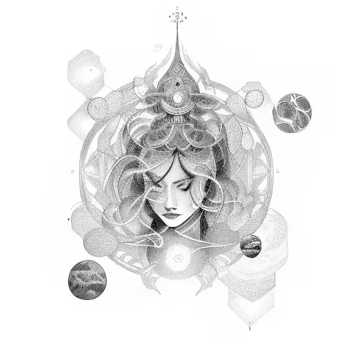 An ethereal goddess surrounded by celestial bodies, symbolizing the client's passion for spirituality and women tattoo design idea