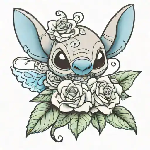 happy Stich with around roses  tattoo design idea