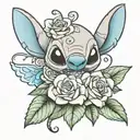 happy Stich with around roses  tattoo design idea