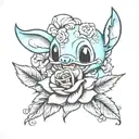 happy Stich with around roses  tattoo design idea