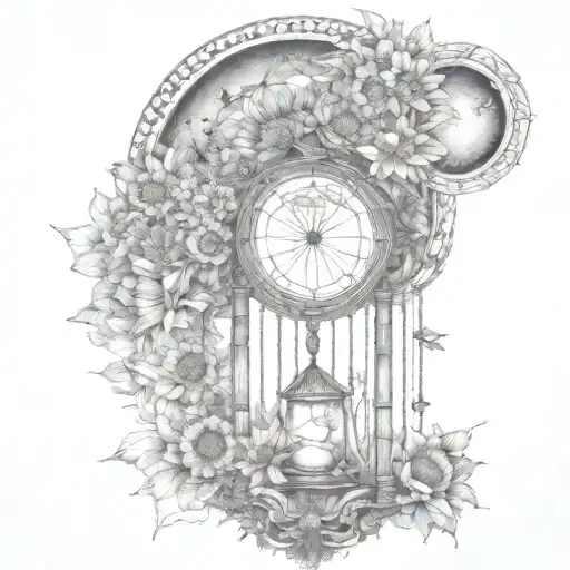 An hourglass moon dream catcher filled with sunflowers  and butterflies Queen Anne's lace nature tears tattoo design idea