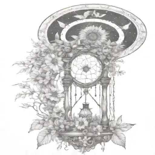 An hourglass moon dream catcher filled with sunflowers  and butterflies Queen Anne's lace nature tears tattoo design idea