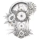An hourglass moon dream catcher filled with sunflowers  and butterflies Queen Anne's lace nature tears tattoo design idea