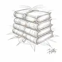 A sketch of a stack of books with a glowing light shining from within, representing the wisdom and knowledge gained through reading tattoo design idea
