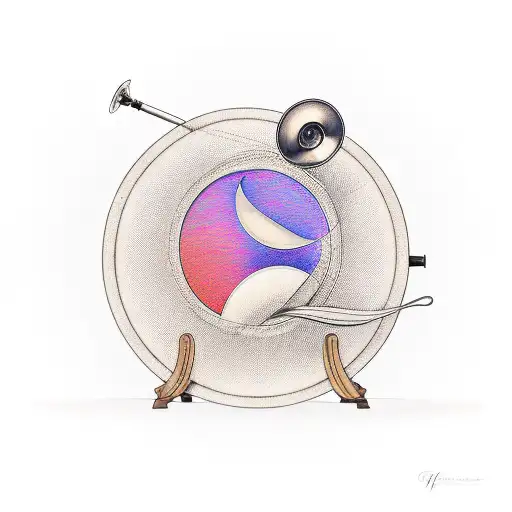 A minimalist tattoo of a vintage gramophone with a crescent moon as the soundwaves tattoo design idea