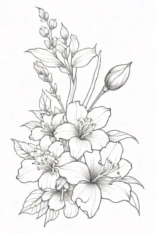 Capricorn birth flower, Libra birth flower, Scorpio birth flower in a Bouquet, no color, fine line tattoo design idea