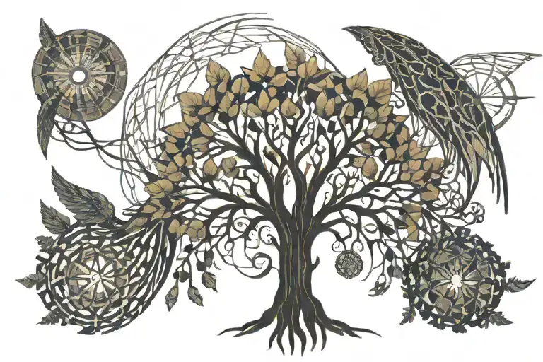 angel wings tree of life with roots tattoo design idea