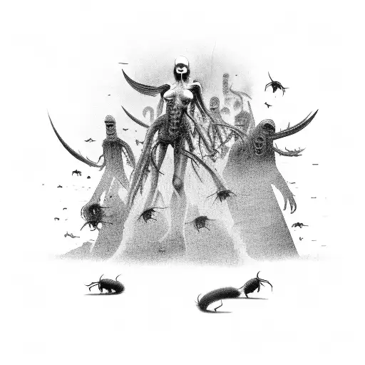 A detailed scene of Amicia standing strong amidst a swarm of plague rats, with a dark and eerie atmosphere tattoo design idea