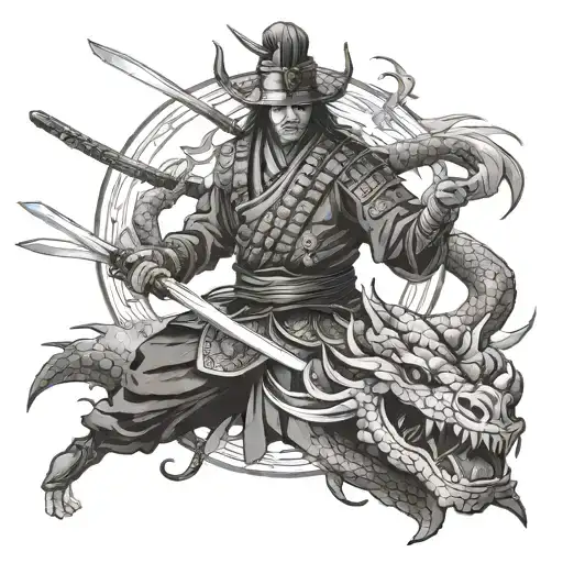 undead samurai raising katana with smoking dragon and karps tattoo design idea