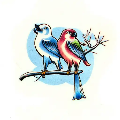 three birds on a branch, middle bird is blue wearing a hat, under the branch it says 1915-202- tattoo design idea