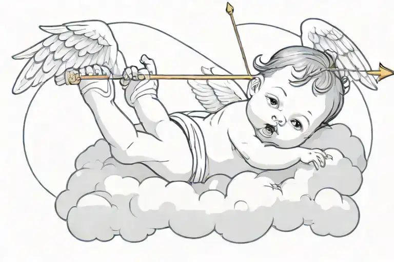 baby angel lying on a cloud with harmful face pointing with a bow and arrow downwards tattoo design idea