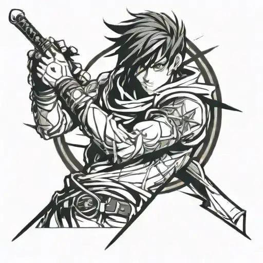 A character from a popular anime series holding a fencing sword, with a gaming controller in the other hand, showcasing the client's interests in anime and gaming tattoo design idea