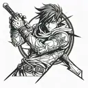 A character from a popular anime series holding a fencing sword, with a gaming controller in the other hand, showcasing the client's interests in anime and gaming tattoo design idea