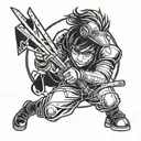 A character from a popular anime series holding a fencing sword, with a gaming controller in the other hand, showcasing the client's interests in anime and gaming tattoo design idea