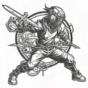 A character from a popular anime series holding a fencing sword, with a gaming controller in the other hand, showcasing the client's interests in anime and gaming tattoo design idea