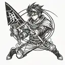 A character from a popular anime series holding a fencing sword, with a gaming controller in the other hand, showcasing the client's interests in anime and gaming tattoo design idea