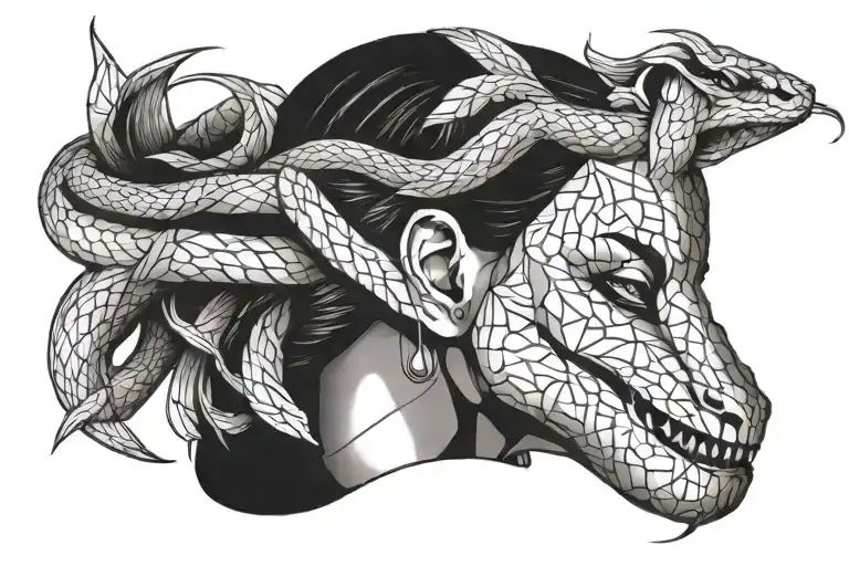Snake wrapped around blindfolded womens neck  tattoo design idea
