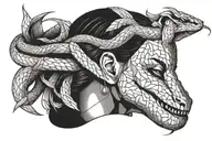 Snake wrapped around blindfolded womens neck  tattoo design idea