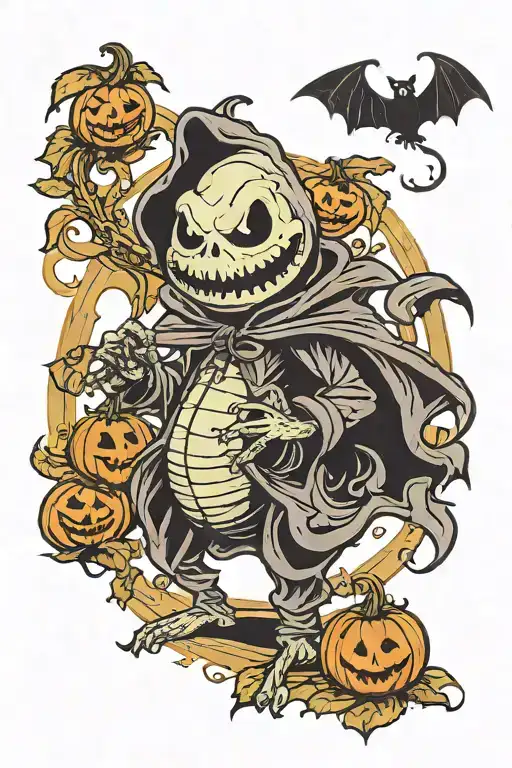 oogie boogie from nightmare before christmas with bats & pumpkins tattoo design idea