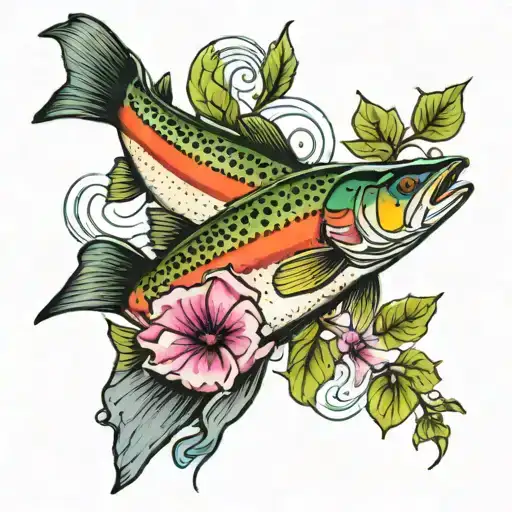 rainbow trout and morning glory   tattoo design idea