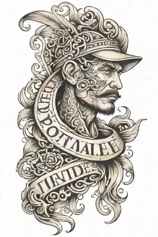 sleeve tatto with the words "PORTATE MAL CUIDATE BIEN"  with a cholo letters style and of Amado Carrillo Fuentes topic tattoo design idea