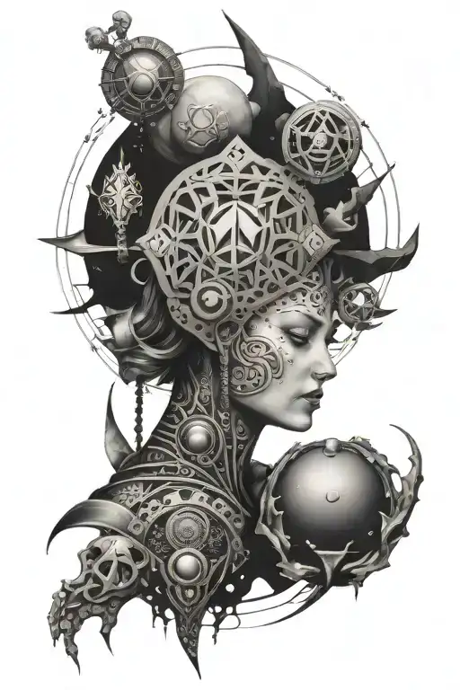 A motherly figure adorned with Nordic symbols and alien technology tattoo design idea