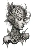 A motherly figure adorned with Nordic symbols and alien technology tattoo design idea
