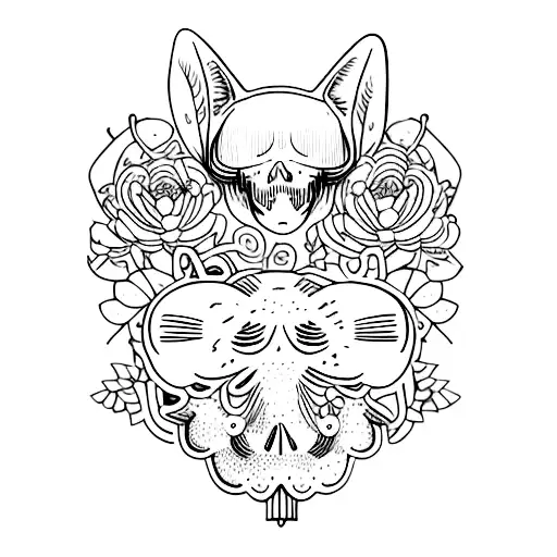 Cat skull with mushrooms and plants out of sight tattoo design idea