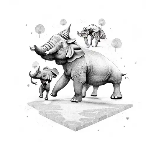 panda bear playing with a triceratops, elephant and Pig tattoo design idea